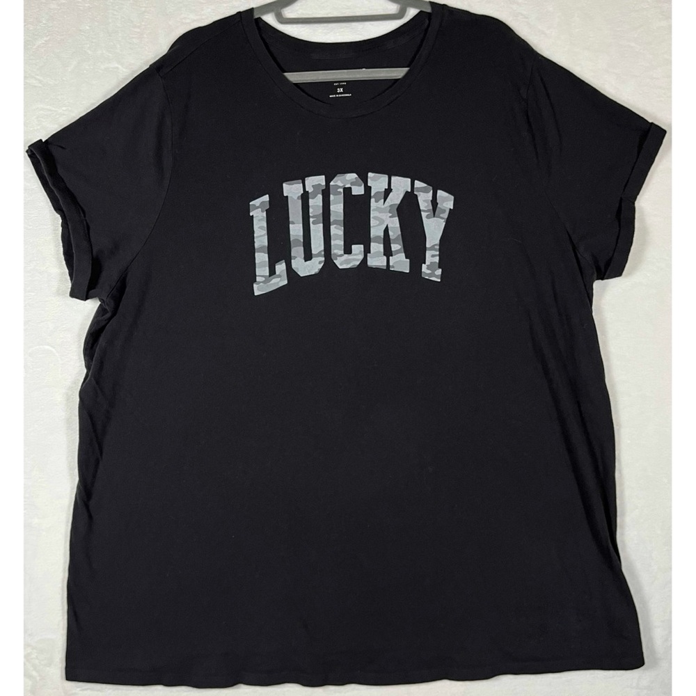 LUCKY BRAND Black Camo Print Spell Out Logo Rolled Sleeve Tee T-Shirt Top 3X - Picture 2 of 7